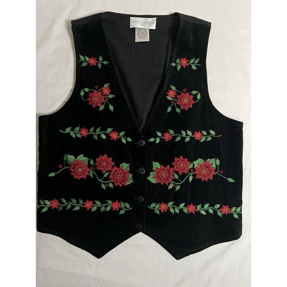 Vintage Christmas Vest Women Black Velvet Embroidered Poinsettia Size PM